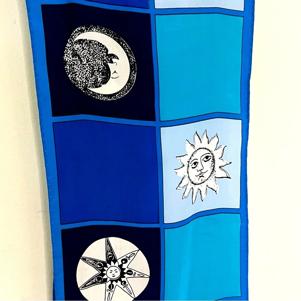 Vintage Celestial Sun Moon Star Blue Oblong Scarf 50 x 10